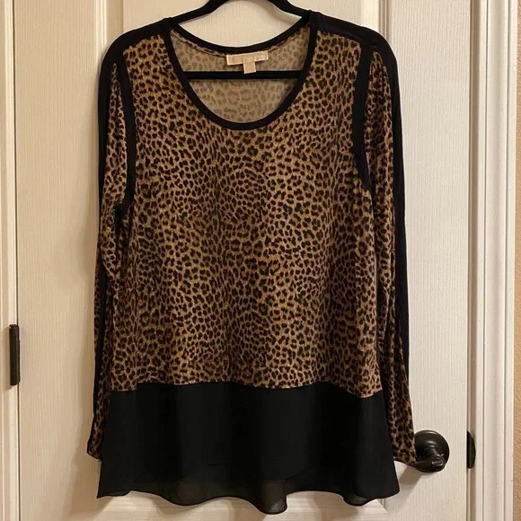 MICHAEL Michael Kors Leopard Black Colorblock Long Sleeve Blouse size XL - Picture 3 of 11
